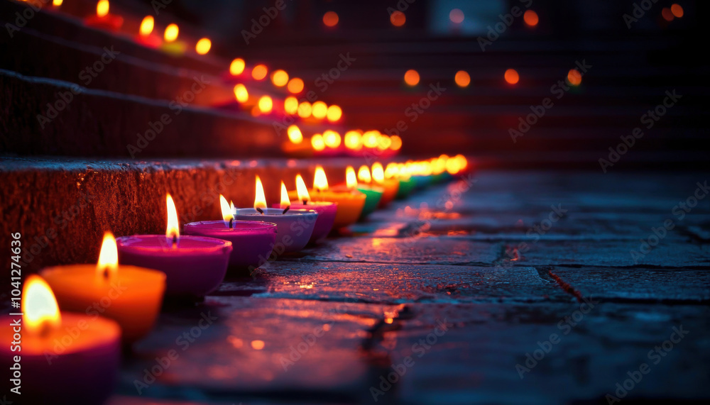 Aufkleber a serene display of colorful candles glowing softly on stone steps, creating a tranquil ambiance in 
