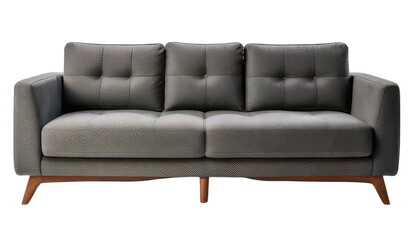 Fototapeta premium Modern grey sofa with plush cushions, stylish design, and wooden legs on white background. transparent