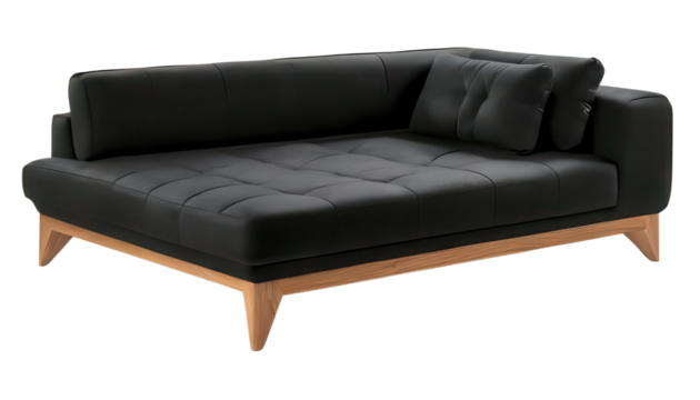 Modern black sofa with wooden legs, minimalist design on white isolate background. transparent