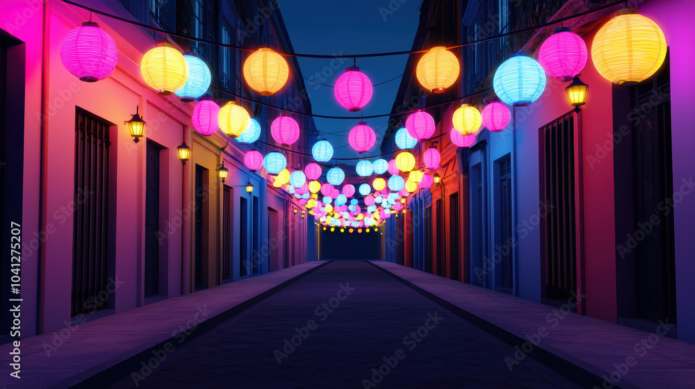 Poster a vibrant alleyway illuminated by colorful lanterns against a dark sky, creating a festive and encha