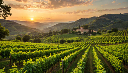 Coucher de soleil sur un vignoble vallonné