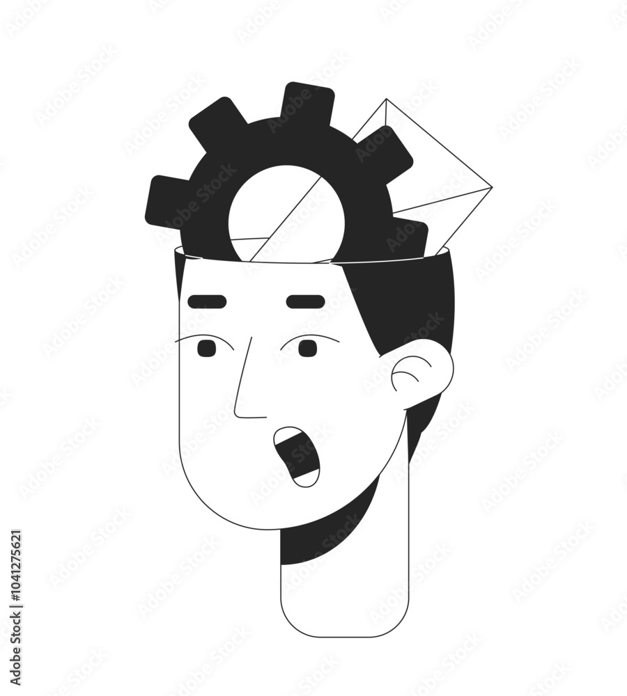 Poster gear envelope inside head overload man open mouth black and white 2d avatar illustration. workload p