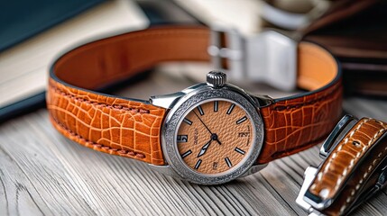 Fototapeta premium Close-up of a Men's Luxury Wristwatch with a Brown Leather Strap