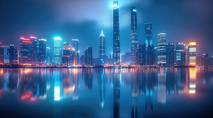 Obraz premium A futuristic cityscape at night, where towering skyscrapers and advanced technology dominate the skyline. Neon lights illuminate the buildings, casting long shadows over the serene water.