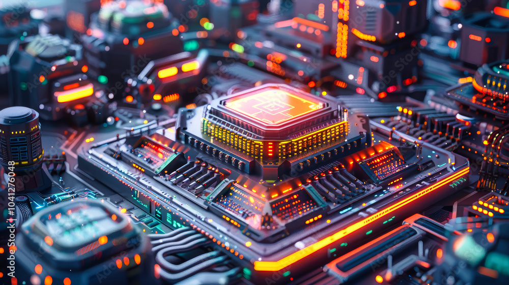 Poster a realistic illustration of an ai chip with a holographic interface amidst futuristic buildings and 