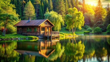 Fototapeta premium Experience tranquility in this vintage cabin by the water. Nestled in a rural area, itâ€™s an ideal summer escape to connect with nature.