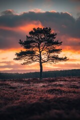 Fototapeta premium Silhouetted Tree Against a Dramatic Sunset Sky