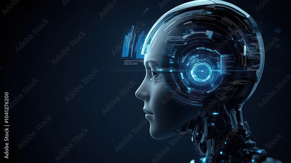 Poster futuristic ai robot with digital interface and circuits