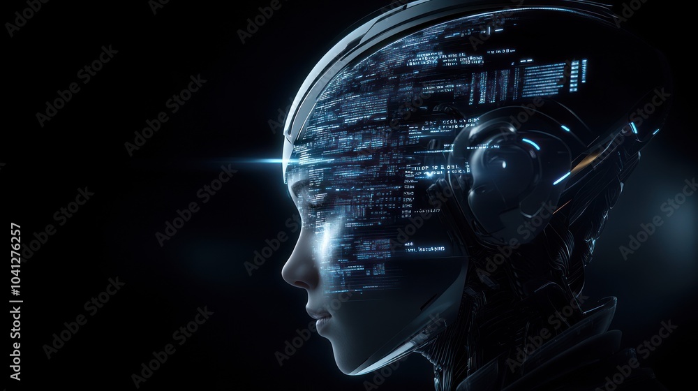 Poster technological cyborg with digital data in motion