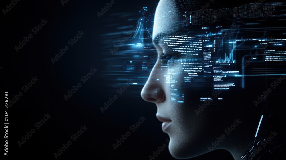 Poster human-like ai face with a stream of digital data.