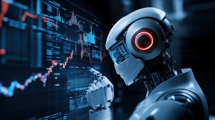 Robot analyzing graphs with futuristic digital screen