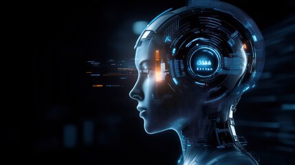 Futuristic AI humanoid profile with digital interface.
