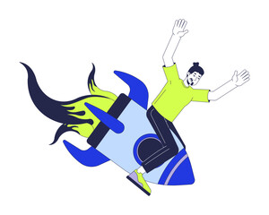 Caucasian man falling down on rocket 2D cartoon character. Startup failed. Business failure. Guy collapsing on space shuttle isolated person flat vector on white background. Spot illustration colorful
