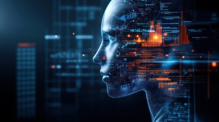 Futuristic digital face with data and technology overlay