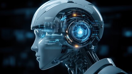 Robotic figure with glowing data interfaces on head