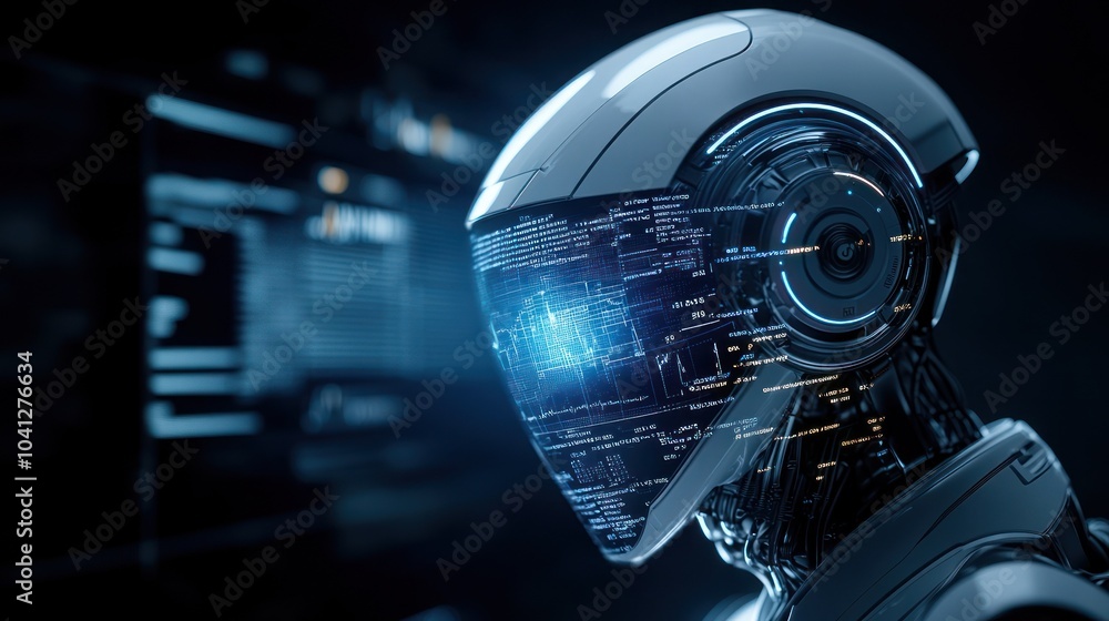 Poster futuristic robot head with digital interface and graphics