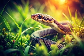 Obraz premium Explore the enchanting vintage snake-in-grass photography, capturing the graceful relationship between serpents and their natural habitat, perfect for wildlife lovers and enthusiasts alike.