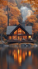 Fototapeta premium Cabin in the Woods with Autumn Leaves and Lake Reflection - Realistic 3D Illustration