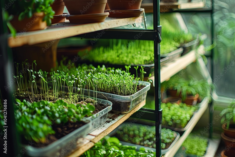 Poster The greenhouse showcases various trays filled with thriving microgreens, reflecting a nurturing environment for growth and health. Generative AI