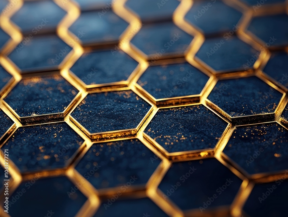 Poster a modern hexagonal pattern with golden accents on a dark background.