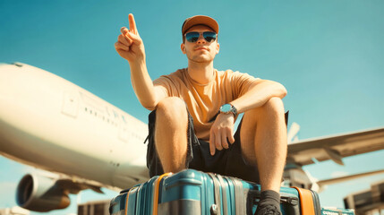 Obraz premium A man in a hat and sunglasses sits on his colorful suitcases, holding a plane ticket and pointing towards an airplane at the airport on a sunny day
