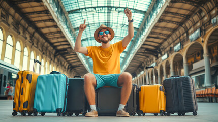 Young man celebrating at a train station with luggage, immersed in travel excitement while showcasing his vibrant style and joyous spirit