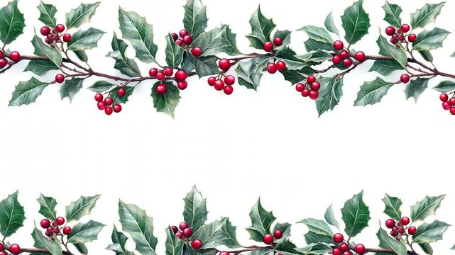 A seamless pattern of Christmas holly branches in watercolor style. Loop animation