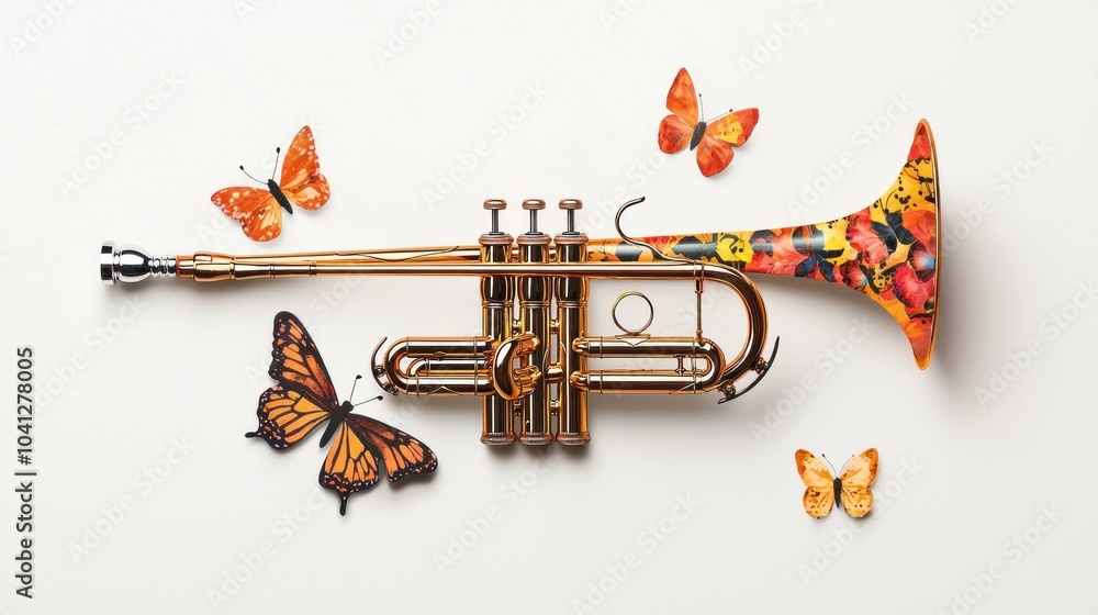 Aufkleber create a visually striking background to showcase a trumpet featuring colorful butterflies and artis