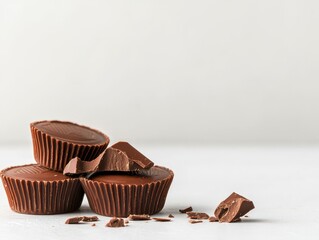 Delicious chocolate cups stacked with broken pieces on a light background.
