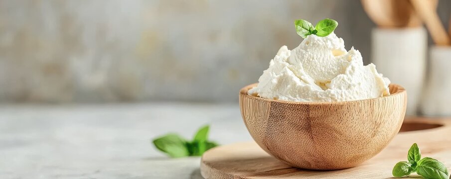Delicious cream cheese in a wooden bowl with mint garnish on a rustic countertop.