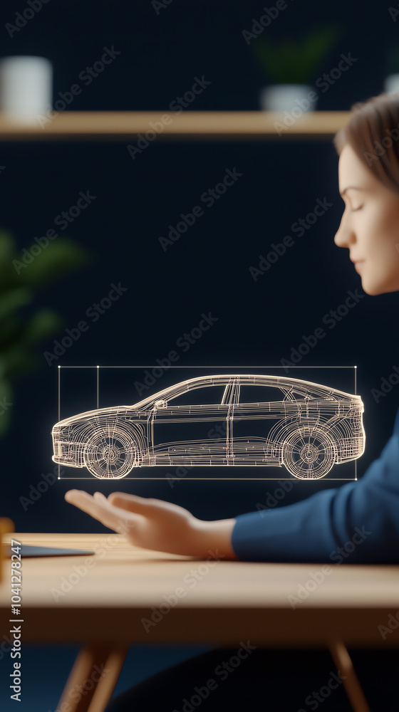Poster innovative visualization of automotive design in a modern workspace setting