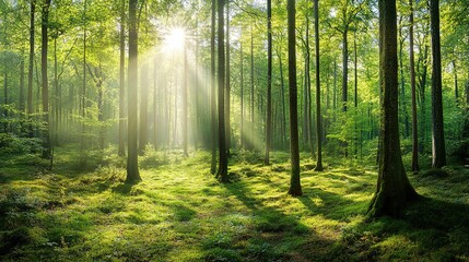 Fototapeta premium Serene Forest Scene with Sunlight and Lush Greenery