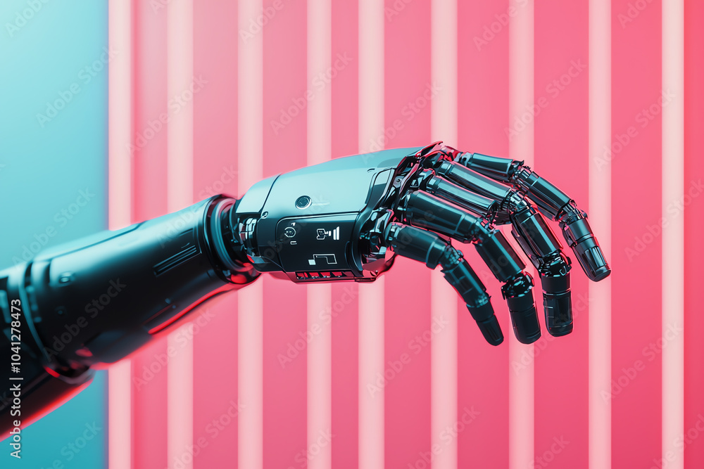 Poster exploring the future of robotics a close-up of a futuristic robotic hand against neon background