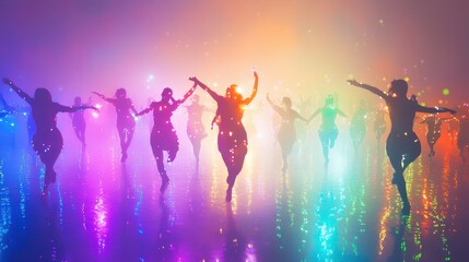Vivid festival procession with dancers and performers surrounded by multicolored lights, cultural celebration