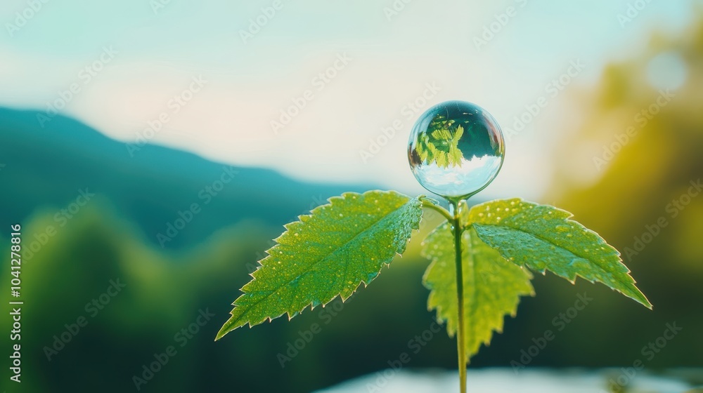 Poster a macro shot of a raindrop clinging to a leaf, highlighting its spherical shape and the reflection o