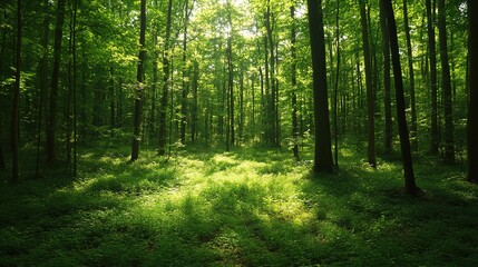 Fototapeta premium Lush Green Forest with Sunlight Filtering Through Trees
