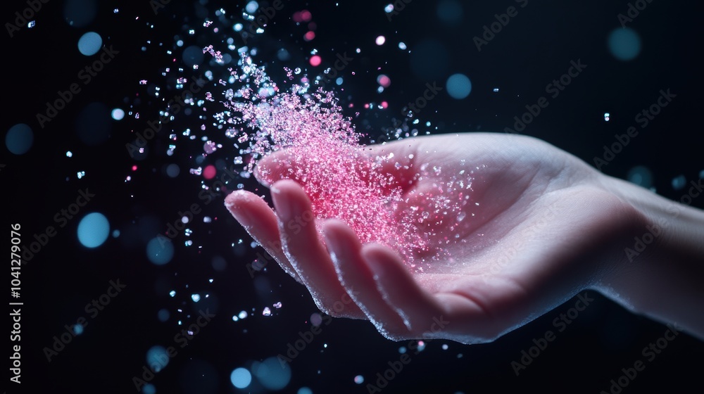 Poster an artistic photograph of a hand interacting with a liquid crystal display, emphasizing its digital 