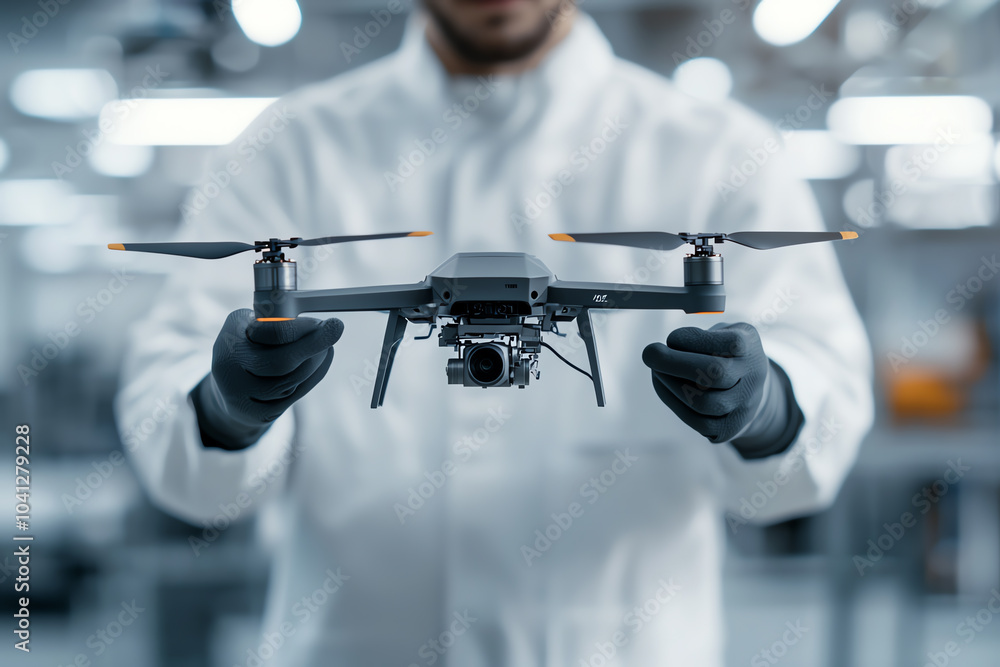 Poster expert engineer demonstrating advanced drone technology in a high-tech environment
