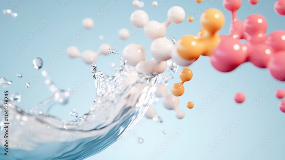 Poster a colorful illustration depicting the molecular structure of water in its different states, highligh