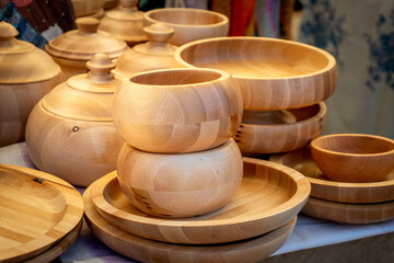 Traditional Wooden Items - Plates, Bowls, and Kubyshkas from Northern Russia