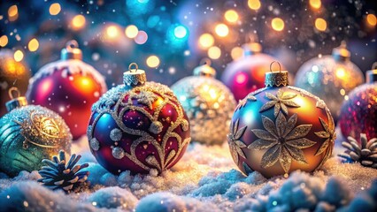 Festive Macro Photography of Christmas Balls and Snowflakes for Holiday Cards