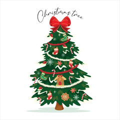A festive Christmas tree adorned with ornaments, candy canes, and a bright red bow - perfect for spreading holiday cheer in your designs.