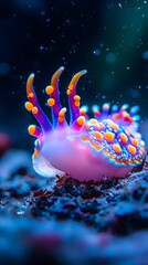 Fototapeta premium Vibrant Neon Nudibranch Crawling Along the Mysterious Ocean Floor