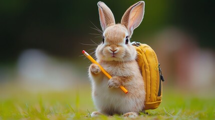 Cute bunny wearing a backpack, holding a pencil, ready for school, cute animal school, adorable and playful