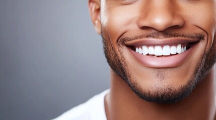 Naklejka premium Bright smile of man with beard against gray backdrop.