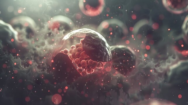 Microscopic view of a cell undergoing apoptosis, nucleus shrinking and chromatin condensing, surrounded by other cells, cellular structures in focus.