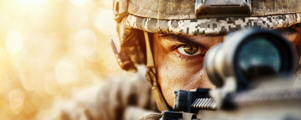 Intense soldier focused through sniper scope, military gear and determined expression, action-oriented image.