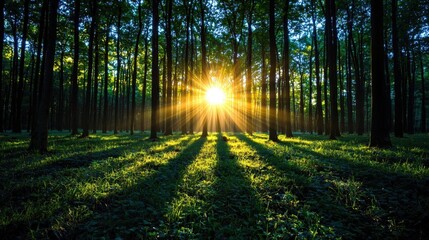 Obraz premium A photostock of a mist-covered forest during sunrise, with light rays breaking through the trees. Nikon camera, 35mm lens, f/5.6 aperture, 1/125 shutter speed, focused on the sunbeams