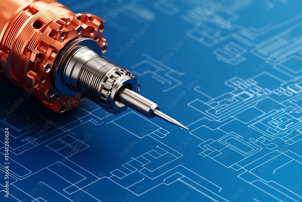 Poster precision engineering the intricate design of a modern tool against a blueprint background