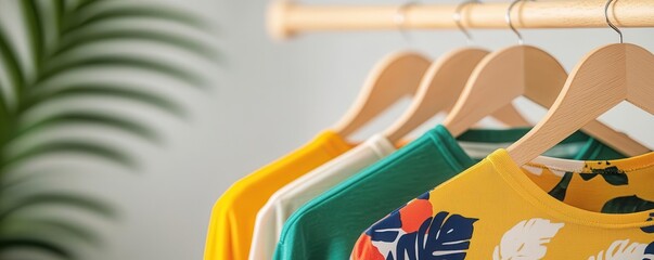 Bright floral tops hanging on wooden hangers, clothes rack, fun and colorful wardrobe arrangement